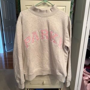 Parke Light Gray Mockneck Sweatshirt with Pink Lettering